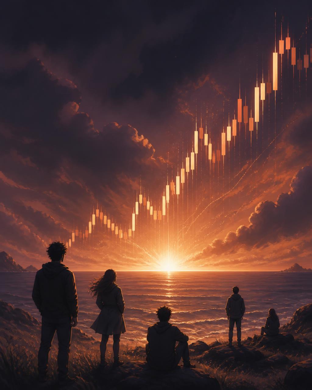 Illustration for Investment Hero: players watching a glowing stock chart rise over the ocean at dusk