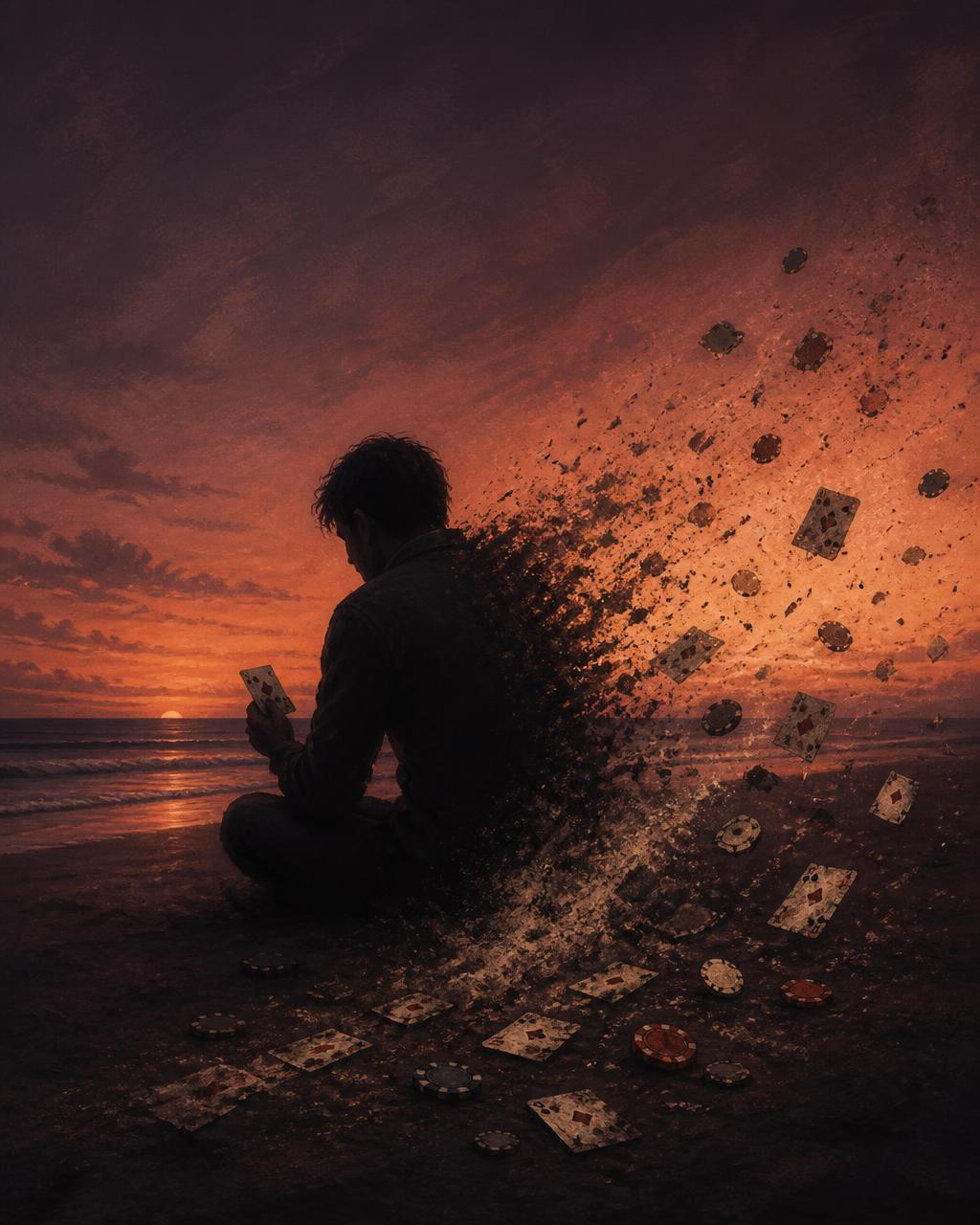Illustration for The Gambler: a figure on a dusk beach as cards and chips dissolve into sand